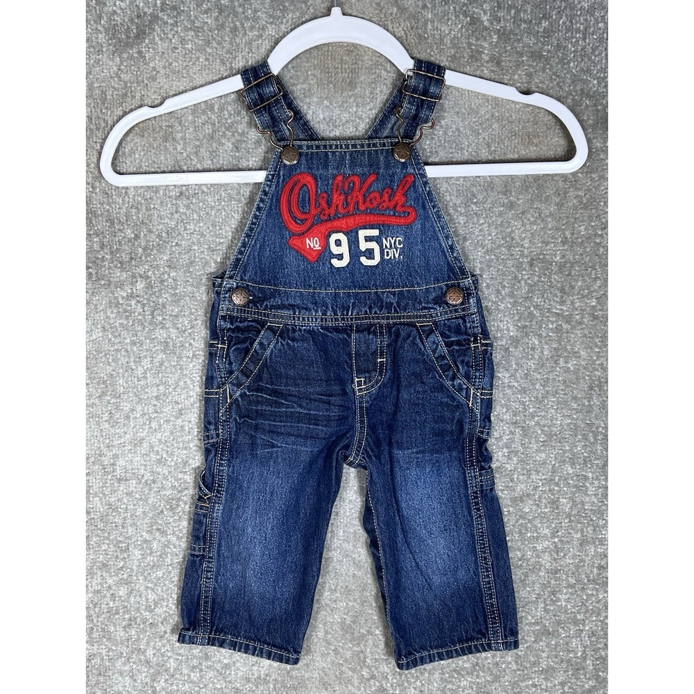Oshkosh B'gosh 95 Puff Print Spellout Bib Overalls Boys Size 9 Months Blue Denim